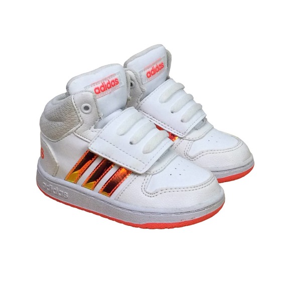 adidas Other - Adidas Hoops Mid 2.0 White Faux Leather Pink Iridescent Stripes Infant Shoe 6K